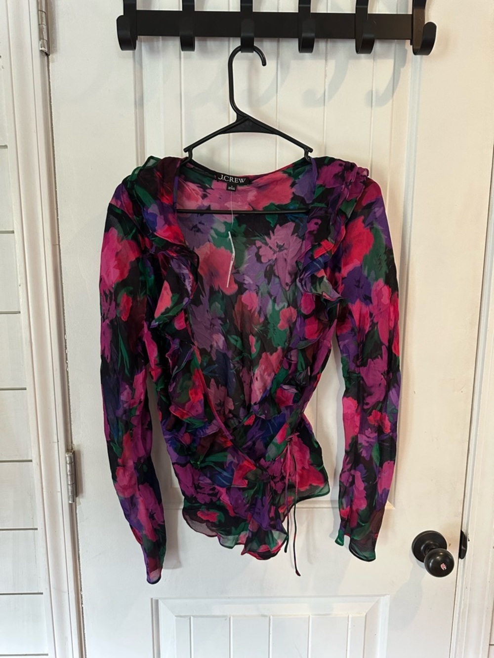 J. Crew Vibrant Floral Ruffle Wrap Blouse in Purple, Green, Pink romantic fairy - Picture 2 of 7